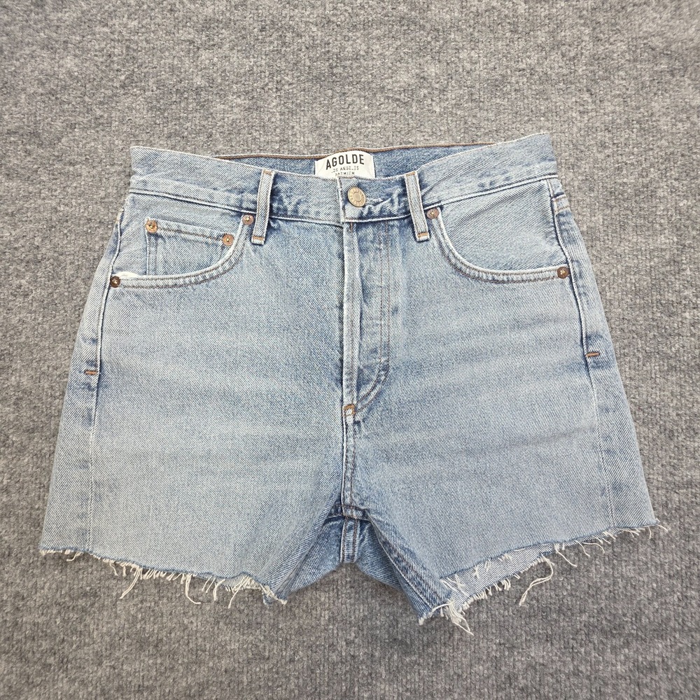 AGOLDE Parker Cut Off Denim Shorts Women's 24 Blue Raw Hem Button Fly